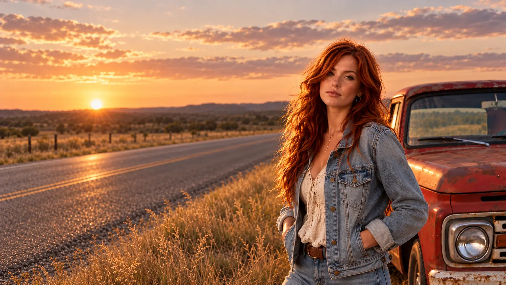 Calla Hayes beside an open highway at golden hour
