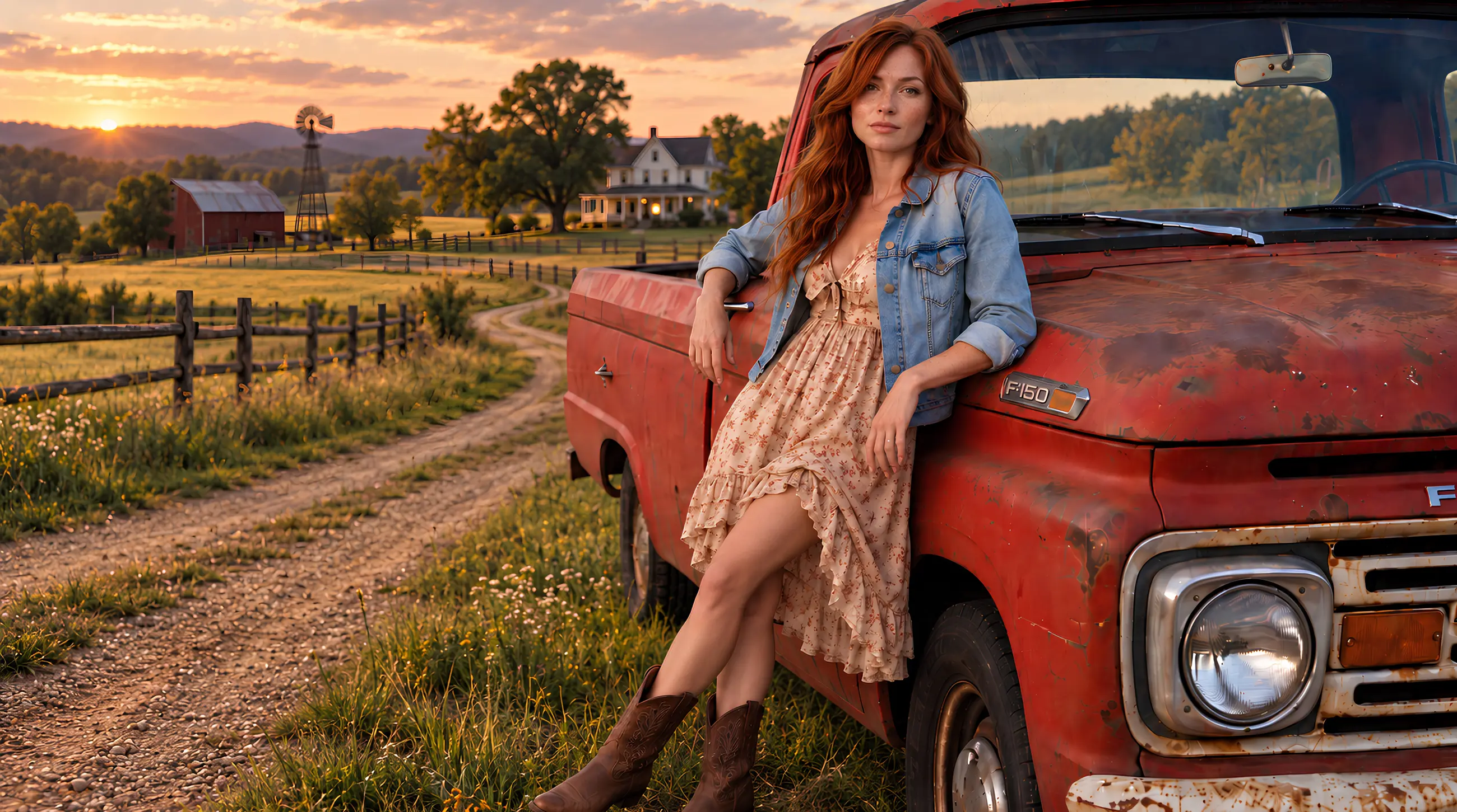 Calla Hayes beside a vintage red truck on a country road at sunset